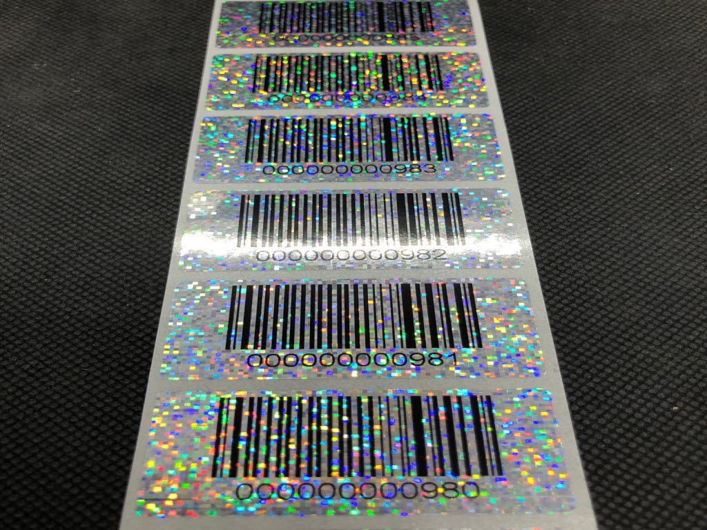 1.000 Glitzer-Barcode-Etiketten aus Spezial-Kunststoff-Hologramm-Folie  bedruckt mit Barcode nach Wunsch